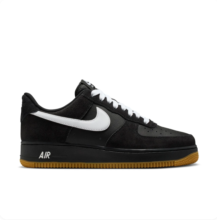 Nike Air Force 1 '07 Black Suede White Swoosh Gum Sneakers